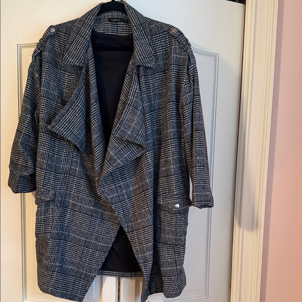 Millau Gray Plaid Draped Open Front Coat